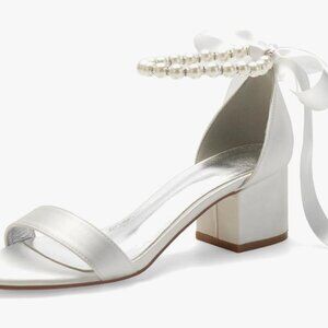 Women's Low Block Heel Pearl Strap Wedding Dress Shoes